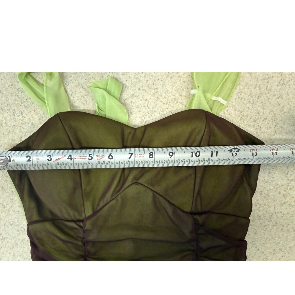 Brown‎ Lime Mesh Hi Low Dress Y2K Fairycore Ruched Asymmetrical Forest Grunge - Picture 13 of 16